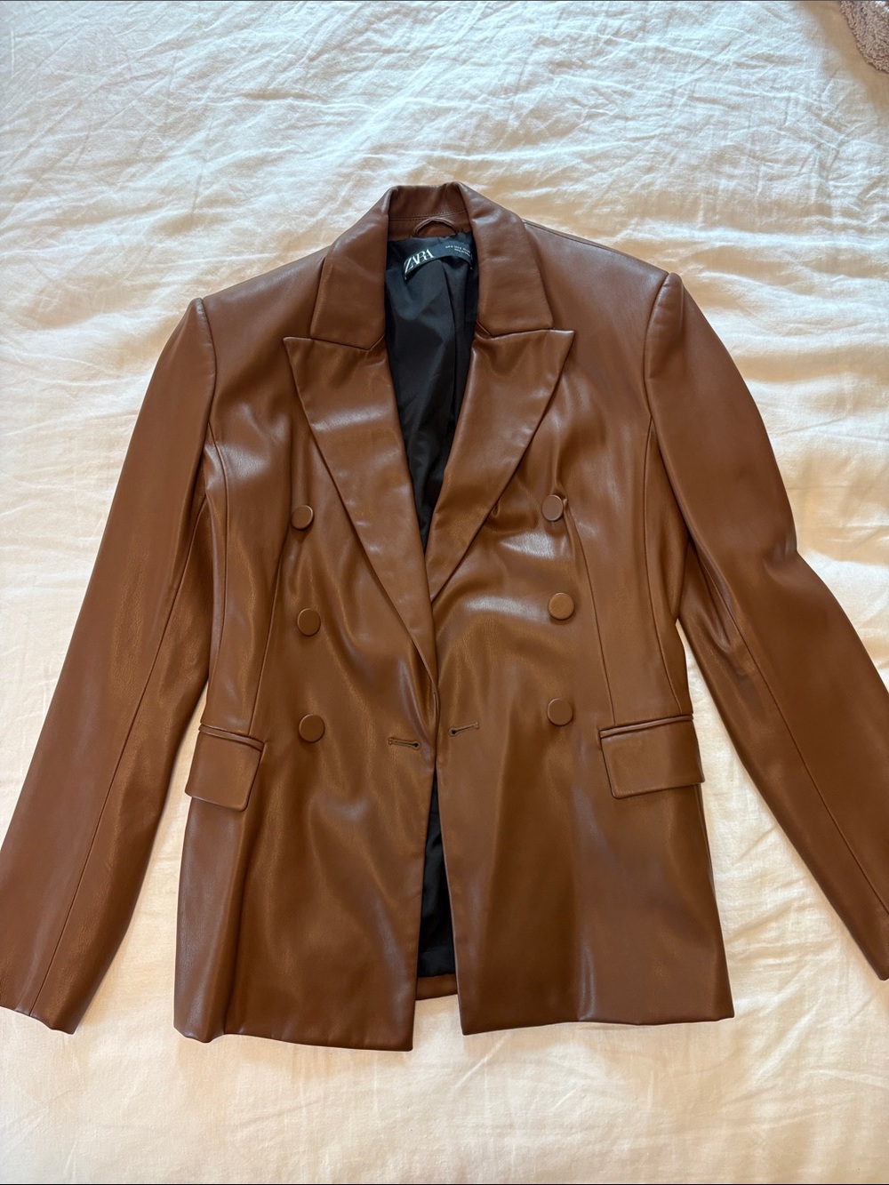 Zara Faux Leather Brown Double-Breasted Blazer